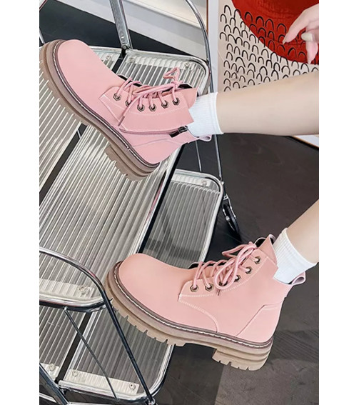 Pink Cow Leather Lace Up Platform Martin Boots