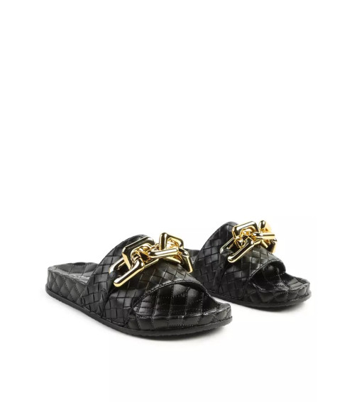 Black Bling Chain Strap Woven Slip On Flats