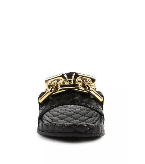 Black Bling Chain Strap Woven Slip On Flats