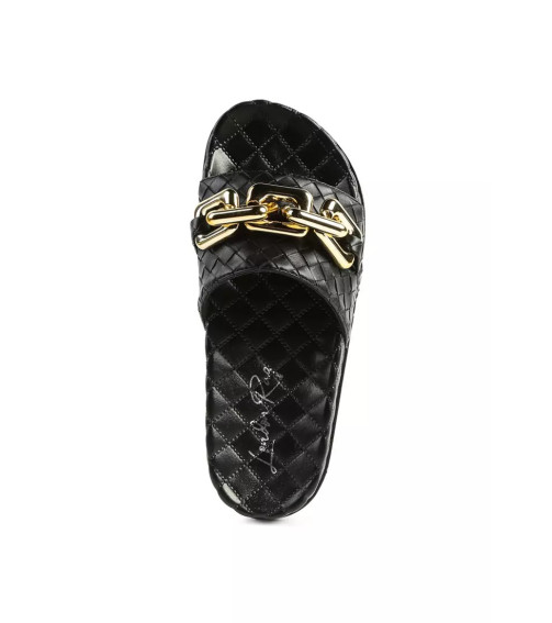 Black Bling Chain Strap Woven Slip On Flats